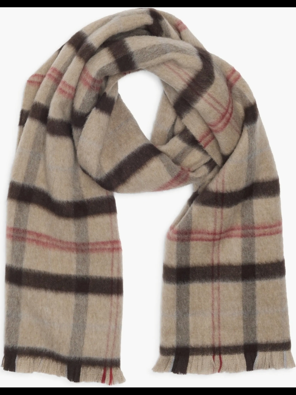 Nordstrom 100% Merino Wool Thick Beige Plaid Wool Scarf with Brown Accents
